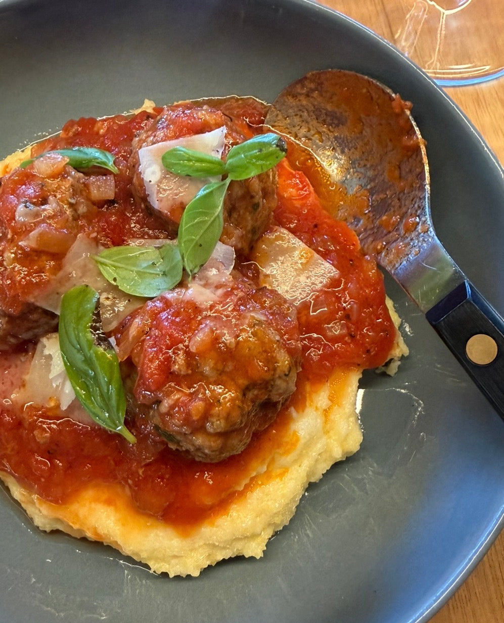 Pork & Beef Meatballs in a Rich Tomato Sauce with Semolina & Pecorino Porridge - Serves 2 generously