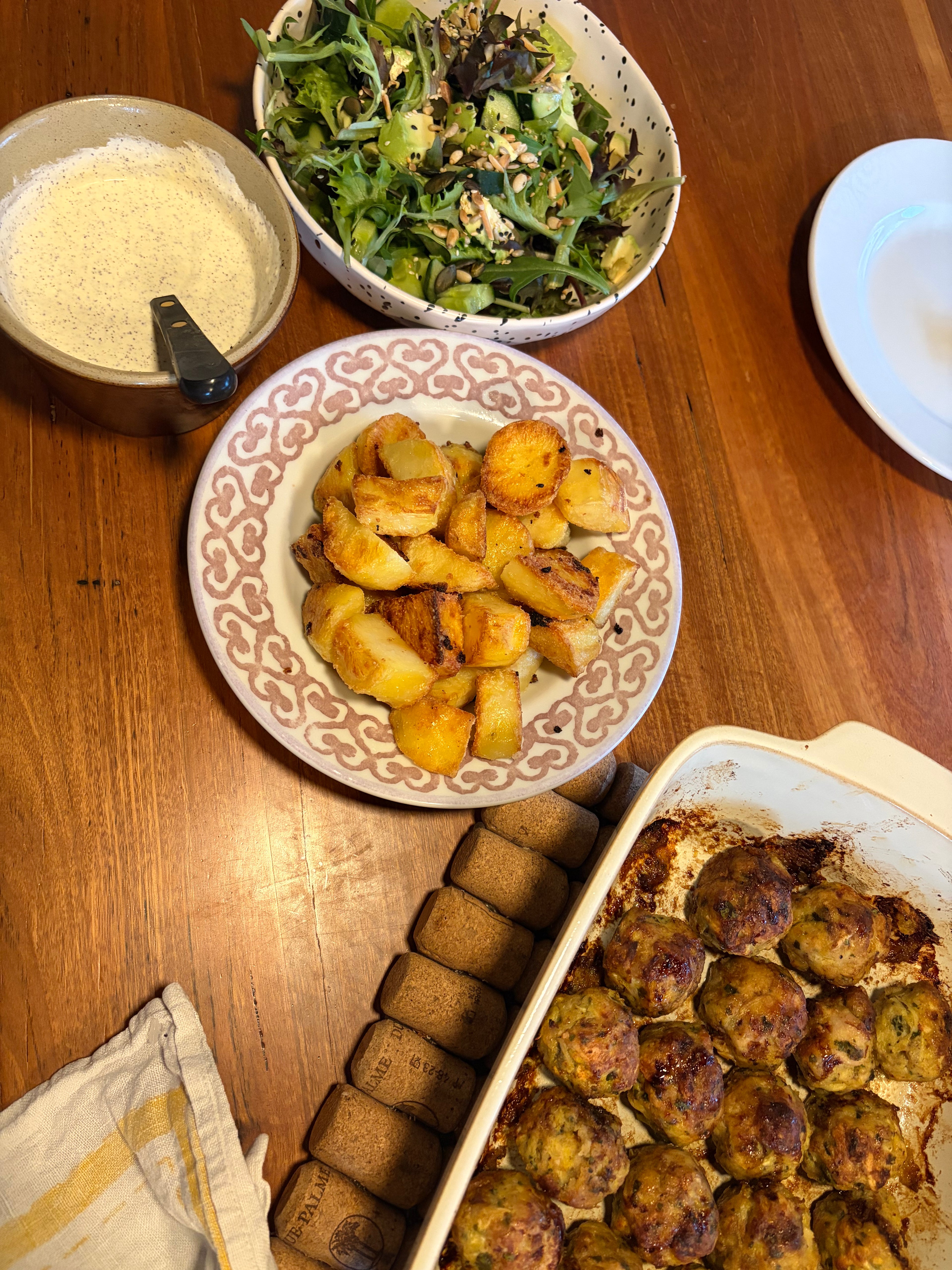 FAMILY DINNER - Chicken Meatballs With Sweet Parsnip & Pomegranate Molasses, Garlic Potatoes, Sumac Yoghurt & Salad - Serves 4